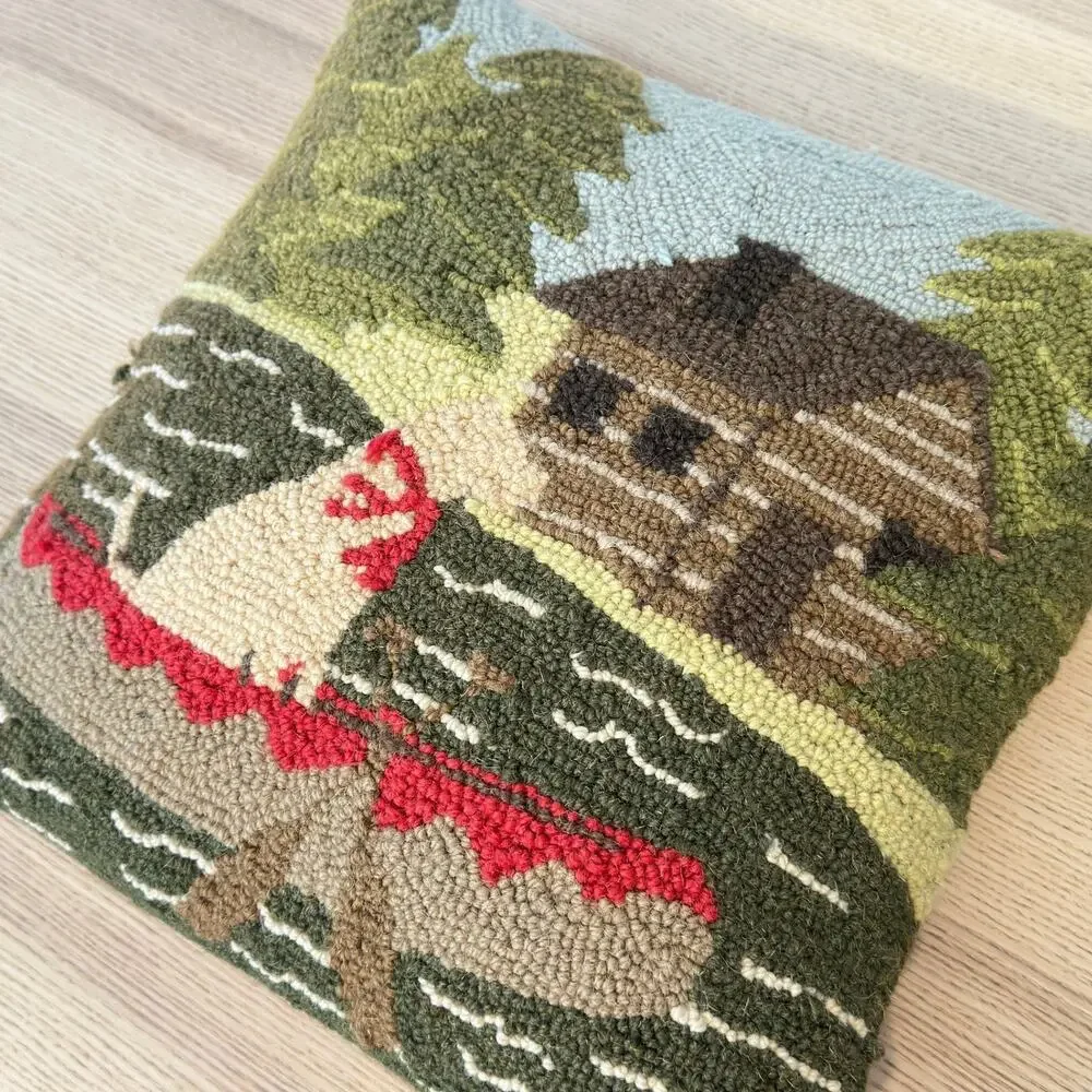 Hooked Wool Throw Pillow 14x14 Dog Canoe Lake House Cabin Trees Forest Classic